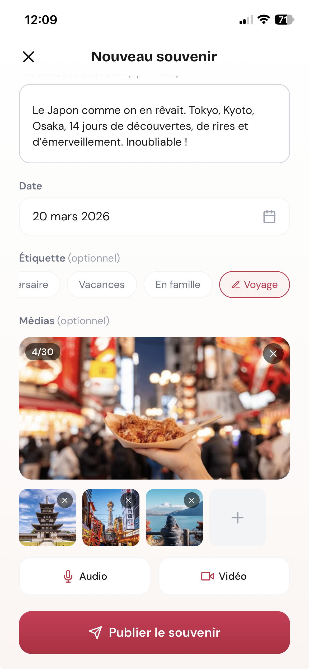 Création d'un souvenir avec médias